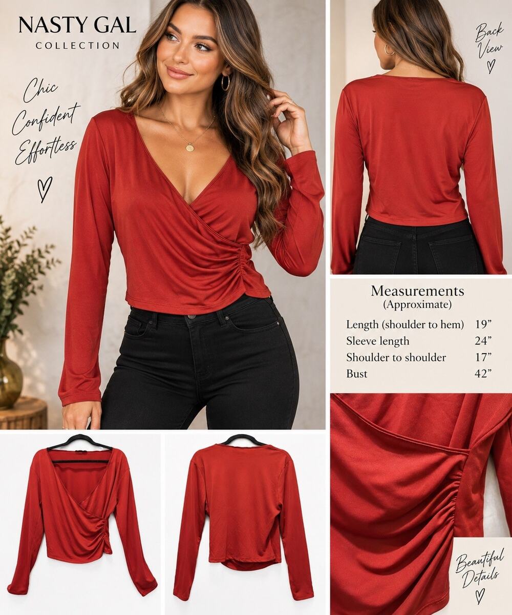Nasty Gal Red Blouse Top Size 10 Long Sleeve Faux Wrap Rouched Waist Holiday EUC